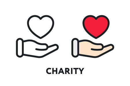 慈善关怀心在手。 帮助概念。 矢量平线笔画图标。