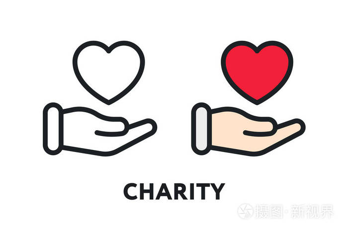 慈善关怀心在手. 帮助概念. 矢量平线笔画图标.