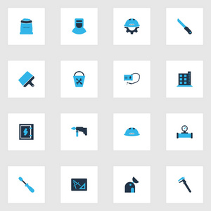建筑图标设置与桶工具, 钻, 管道与传感器和其他钎焊元件。被隔绝的向量例证构造图标