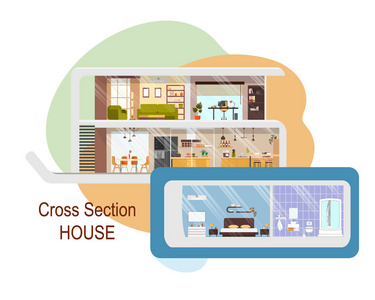 未来派房屋横截面矢量内饰