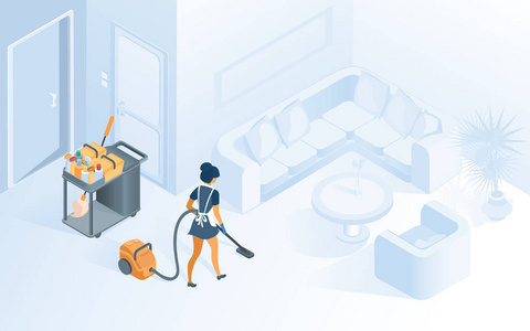 现代豪华酒店客房服务等距矢量,客房服务员在酒店舒适的房间或大厅