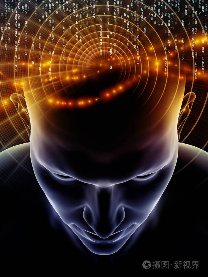 人类头部三维插图和技术符号的抽象背景,用于意识,大脑,智力和人工