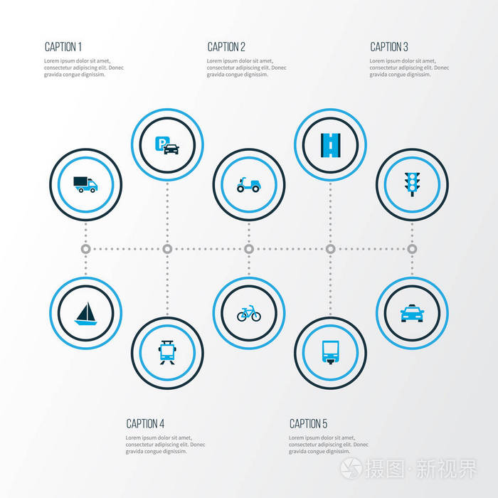 交通图标设置与电车, 出租车, 凸轮和其他帆船元素。独立的插图传输图标