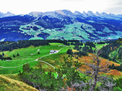 瑞士圣加仑丘尔弗林山脉各州高山峰的全景