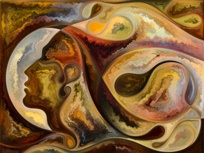 抽象设计由面孔,色彩,有机纹理,流动曲线构成,主题是内心世界,爱情