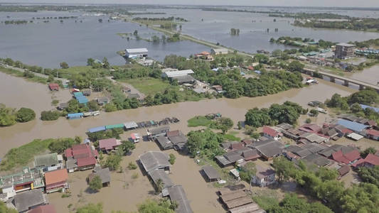 泰国Ayutthaya省洪水的空中景观。