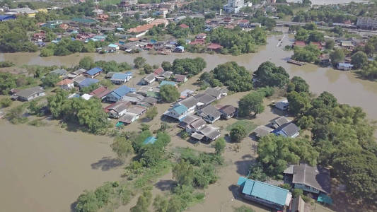 泰国Ayutthaya省洪水的空中景观。