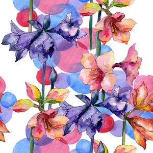 粉红色和紫色的海洋花。水彩背景插图集。无缝的背景模式