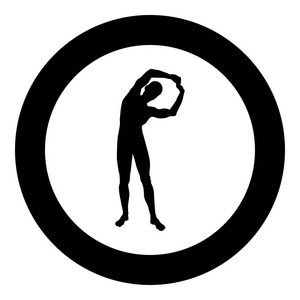 男人做运动倾斜到侧面运动动作男性锻炼剪影瑜伽正面视图图标黑色矢量插图平面风格简单形象在圆形