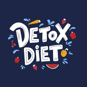 排毒饮食矢量字母分离在蓝色背景上。 手绘水果和蔬菜可爱的卡通风格。 排毒剪贴器。