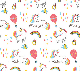美丽卡通风格独角兽的无缝图案,矢量插图照片