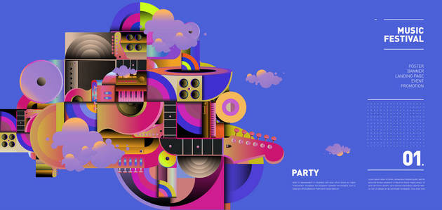 音乐节派对和活动的插图设计。 EPS10背景和壁纸音乐矢量插图拼贴