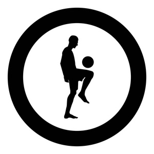 足球运动员用膝盖打杂球或用脚踩球剪影图标，黑色矢量插图，平面样式，简单形象，圆形