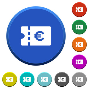 欧元折扣优惠券圆形彩色斜面按钮与光滑的表面和平面白色图标。