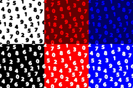 数字无缝图案0，1，2，3，4，5，6，8，9白色，黑色，红色，蓝色背景集