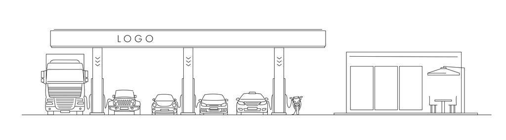 油站线性插图与汽车和商店，室外咖啡馆