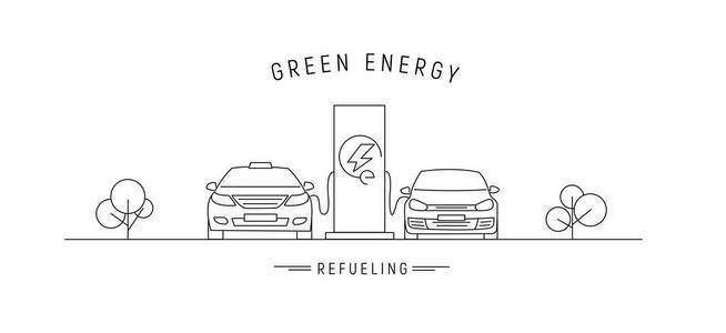 电动充电站，电动汽车线性插图，绿色能源文本