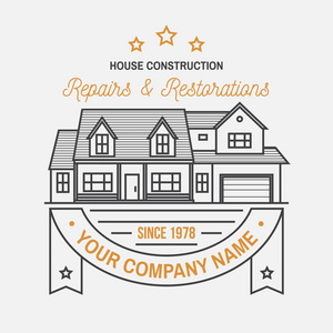 房子建筑公司的身份与郊区美国房子。向量例证。细线徽章, 房地产标志, 建筑和建筑公司相关业务