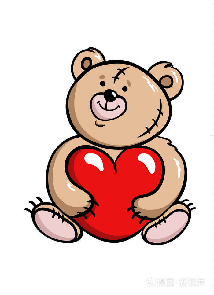 有趣的卡通泰迪熊抱着一个红色的心在它的爪子卡矢量插图插画-正版