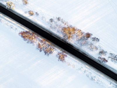 森林冬季道路上汽车的鸟瞰图。 冬季景观乡村。 空中摄影雪林与一辆汽车在路上。 用无人机从上面捕获。 空中照片。 汽车在运动
