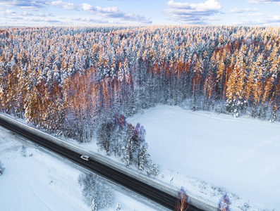 森林冬季道路上汽车的鸟瞰图。 冬季景观乡村。 空中摄影雪林与一辆汽车在路上。 用无人机从上面捕获。 空中照片。 汽车在运动