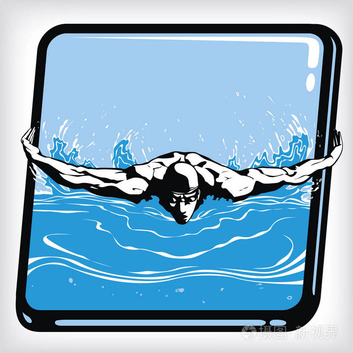 游泳蝴蝶风格的动态图标.抽象水上游泳者轮廓图,正面视图.