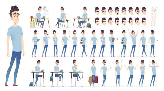 年轻人人物性格收藏。一套不同的姿势和情况。现代平面卡通风格