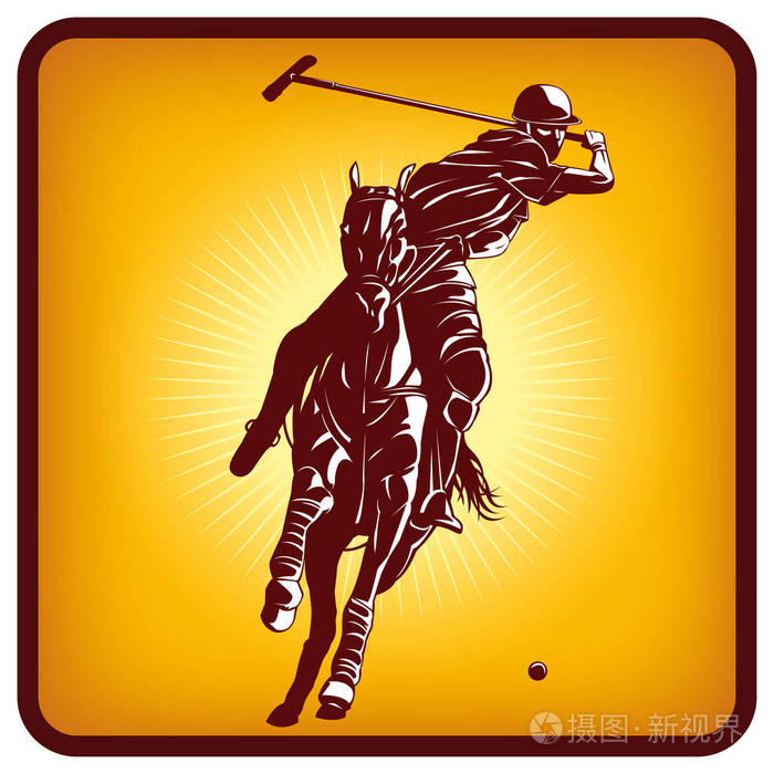 插画 马球运动员和马的图形图标. 矢量插图橙色背景. 人打马球的图标.