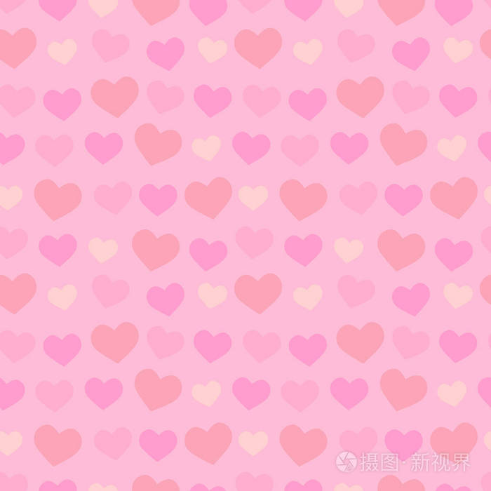 情人节浪漫装饰无缝图案与柔和的红色, 粉红色和橙色的心在浅粉色背景