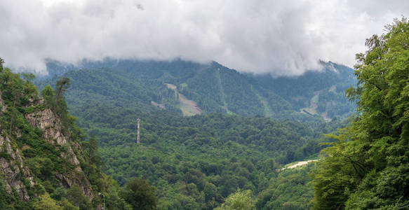 夏天全景的绿色山脉与高峰在云雾中。 缆车及滑雪斜坡