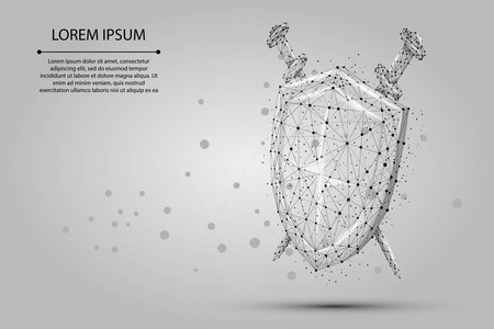 抽象多角盾和剑。 低聚线框矢量插图。 保护和安全的数字概念混搭线和点。