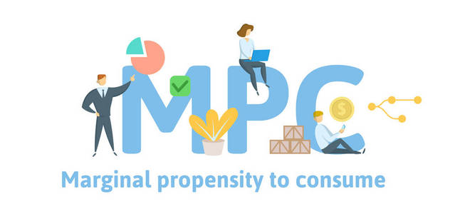 mpc, 边际倾向消费。概念与关键字, 字母和图标。平面向量例证。隔离在白色背景上