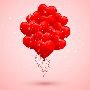 快乐情人节背景红色气球的形式，心与蝴蝶结和丝带。 矢量图。