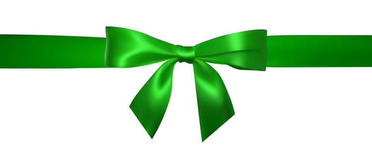 逼真的绿色蝴蝶结与水平绿色丝带隔离在白色上。 装饰礼品元素，问候节日。 矢量图。