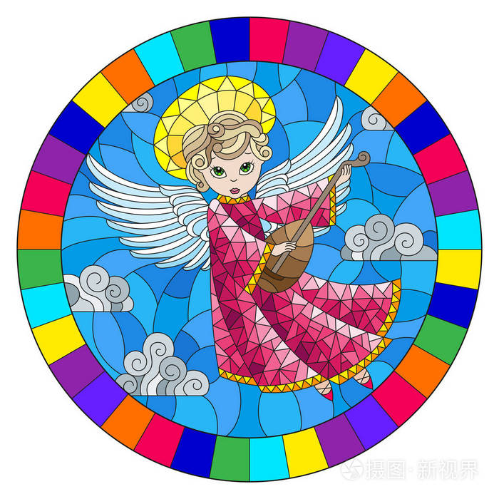 彩色玻璃插画,卡通天使身着粉色长裙,在多云的天空中弹奏琵琶,画面