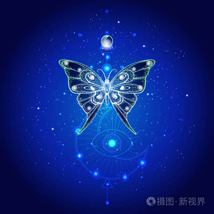矢量插图与手绘蝴蝶和神圣的几何符号对抗夜空星空. 抽象的神秘符号.