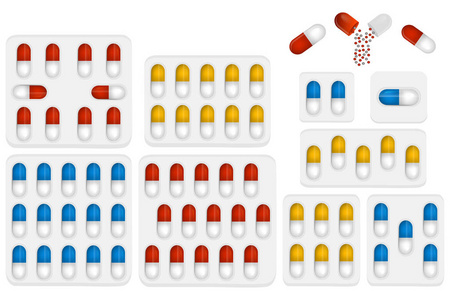 插图主题大彩色设置不同类型的药丸内关闭水泡。 药丸图案由收集水泡和质量控制组成。 塑料水泡从补救药丸扑热息痛。