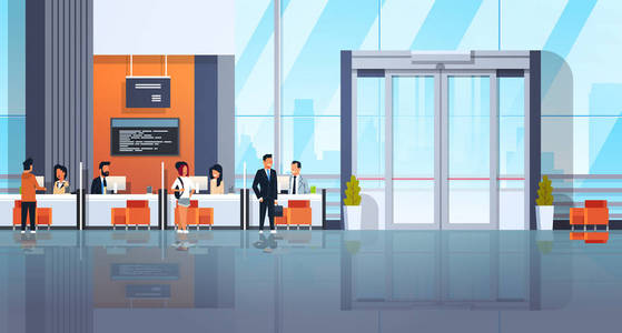 金融中心信贷部窗口咨询客户服务现代银行室内部横向平面矢量图照片