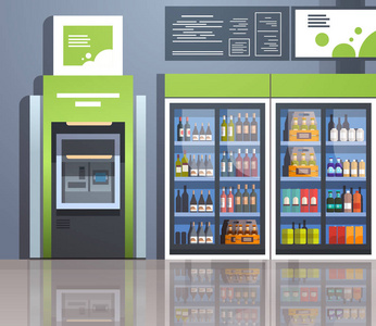 现金自动柜员机付款终端机饮料冷冻机玻璃门超市概念现代室内水平平面矢量图