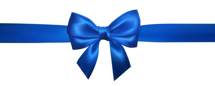 现实的蓝色蝴蝶结与水平蓝色丝带隔离在白色上。 装饰礼品元素，问候节日。 矢量图。