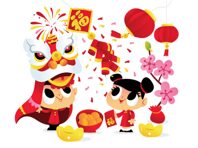 一个卡通矢量插图超级可爱的快乐中国新年舞狮男孩和一个亚洲女孩与