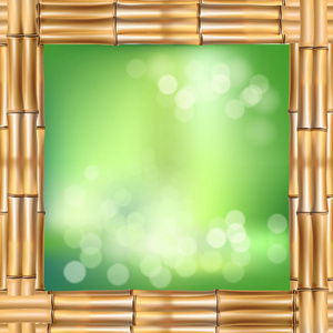 矢量插图方形棕色干竹茎边框绿色背景和模糊的白色圆圈内。 抽象水疗概念热带横幅与空拷贝空间的地方文本。