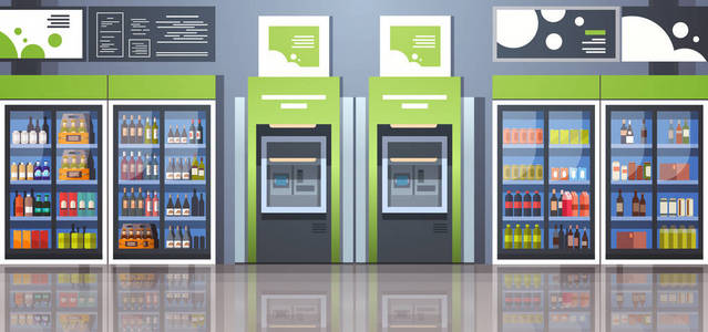 现金自动柜员机付款终端机饮料冷藏室玻璃门超市概念现代店室内水平横幅平面矢量图