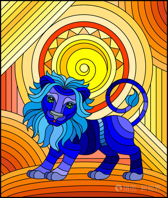 彩色玻璃风格的插图,有趣的蓝色狮子和太阳在抽象的橙色背景上