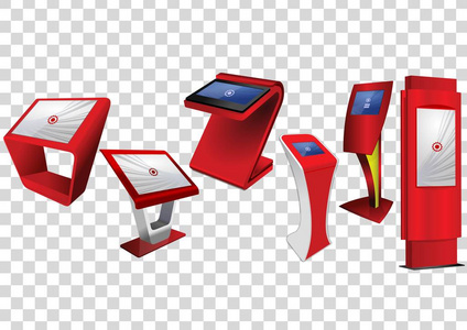 六红色宣传互动信息亭, 广告展示, 终端展台, 触摸屏显示屏, 隔离在透明背景上。模拟模板