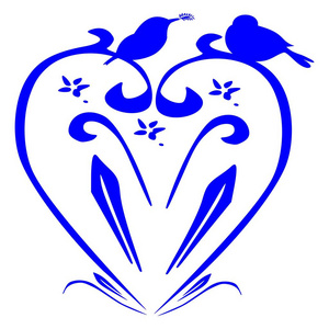 蓝色抽象的心，小鸟的插图
