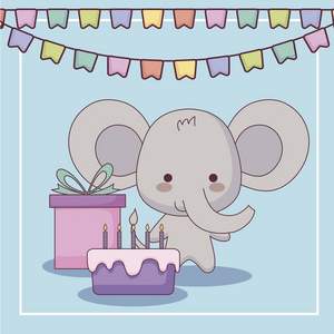 可爱的大象快乐生日卡与蛋糕和图标