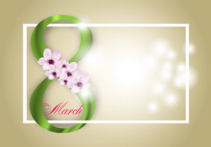 s Day. Frame with pink flowers and green Digit eight. Vector Ill