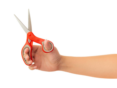 白色背景下的人手握剪刀手势隔离，剪裁路径，高分辨率，低对比度，可修饰或平面设计