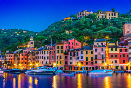 图片渔村和度假胜地波托菲诺，在大都会的热那亚在意大利里古里亚，意大利里维埃拉